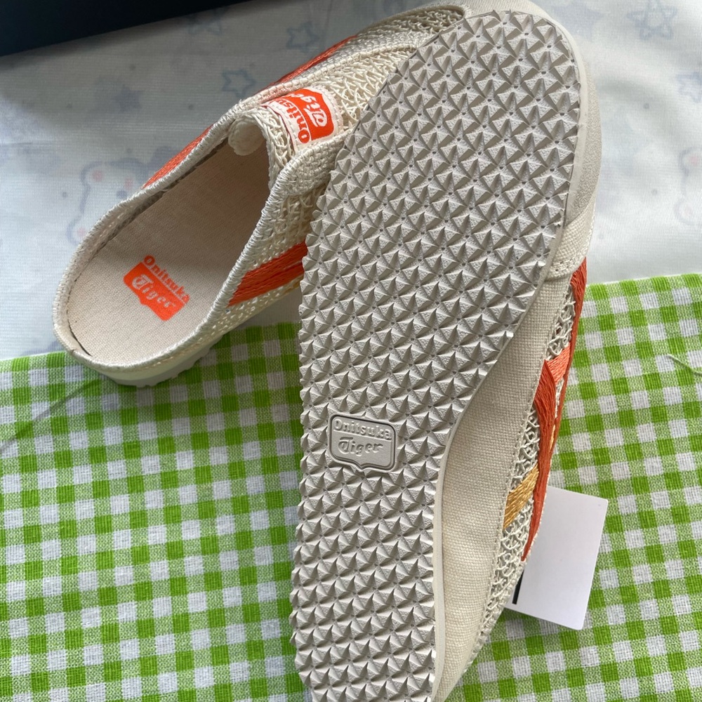Onitsuka Tiger Cream Mesh Slip-On Sneakers with Orange and Gold Stripes - Picture 6 of 9